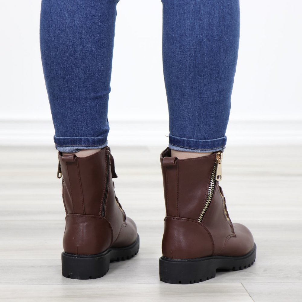 Faux leather brown laced up combat boots - Picture 7 of 11